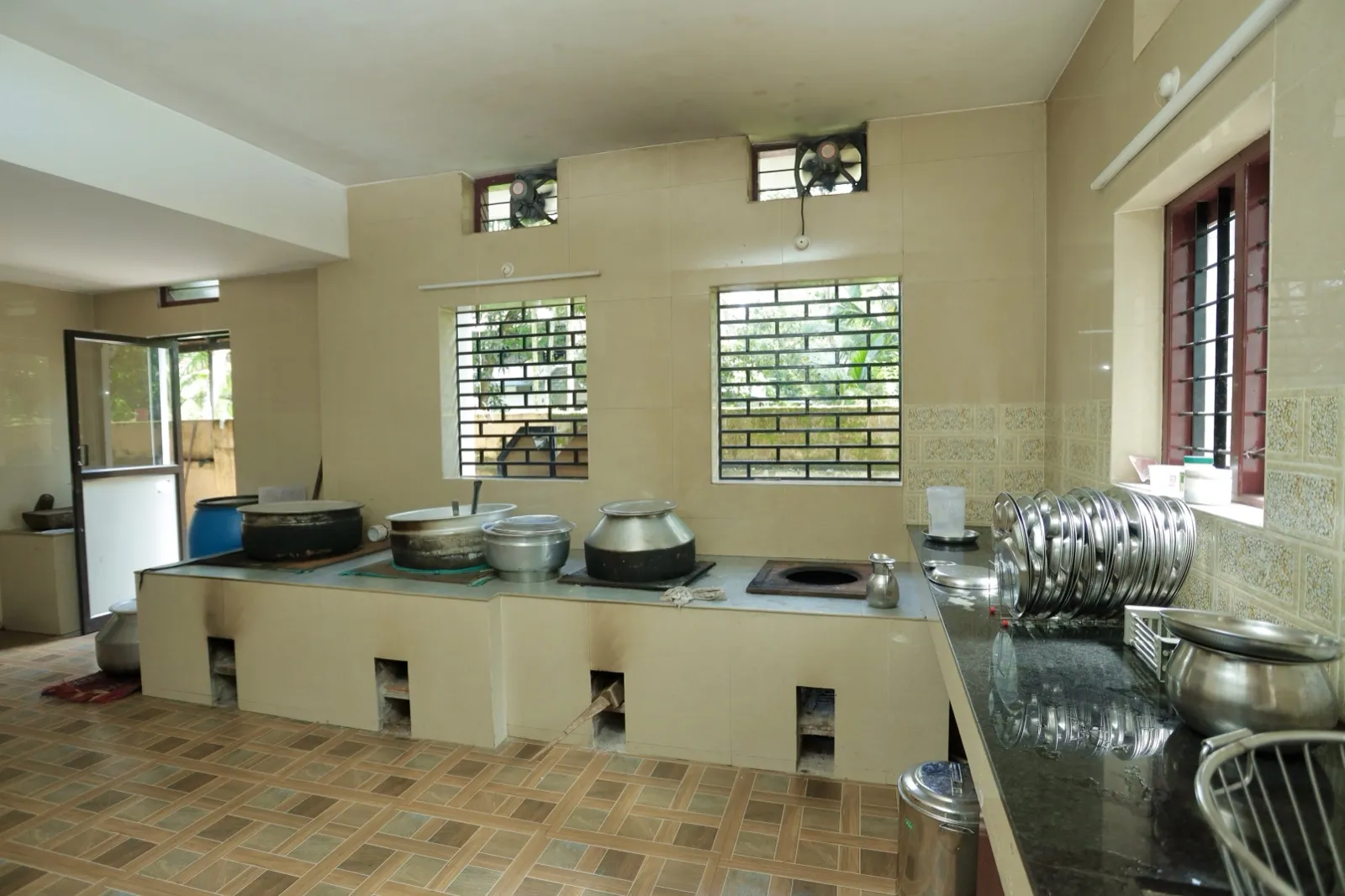 Cooking area of the patient kitchen at Agasthya Ayurvedic Hospital, Kerala