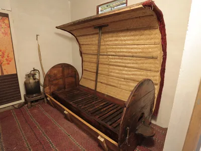 Traditional wooden steam box (swedana chamber) used for Bashpa Swedam medicated steam therapy at Agasthya, Kerala